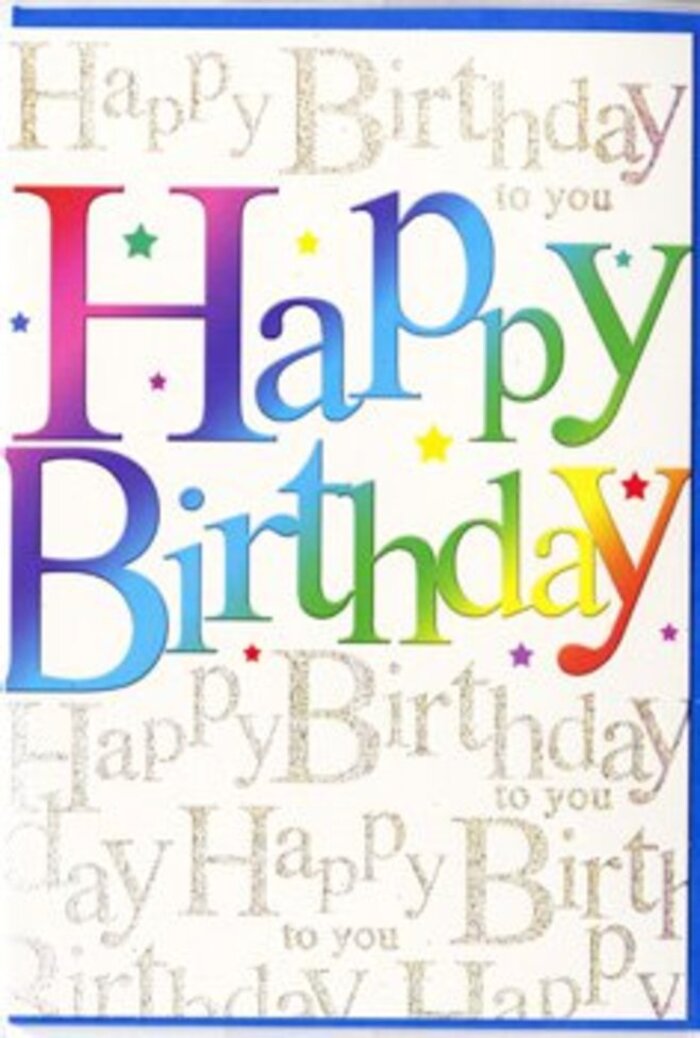 In this photograph, a striking birthday card captures attention with its blend of bold colour and delicate detail, much like a standout bouquet on display in a New Eltham florist's window. Dominating the centre of the card are the words "Happy Birthday," rendered in large, rounded letters that seem almost three-dimensional. Each letter is bathed in a different hue, forming a seamless transition from deep cherry reds and warm pinks through glowing oranges and lemons, into refreshing greens and finally calm blue tones. The gradient is smooth and pleasing, giving the impression of a rainbow gently arcing across the card's surface. The lettering appears slightly glossy, as though it would glint if you held it up to the light streaming through a window near Avery Hill. Behind this vivid message runs a continuous field of golden script, where "Happy Birthday to you" is written again and again in flowing, handwritten-style cursive. The gold ink has a soft, metallic lustre, not too bright, but enough to add an air of sophistication and celebration. The background remains quietly neutral, providing a calm canvas for the interplay of colour and shimmer. Scattered across the design are tiny flecks and traces of sparkle that mimic confetti tossed in mid-air, giving the card a sense of movement and party atmosphere. The finish of the card looks smooth and finely crafted, suggesting it was chosen with care for someone special. Overall, the design feels warm, contemporary, and full of cheer-a perfect companion to a fresh bouquet delivered in New Eltham to honour a birthday with heartfelt style.