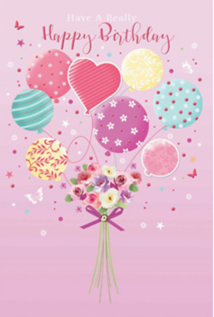 This floral birthday illustration carries a sense of gentle jubilation, as if it were made for a quiet but heartfelt celebration in New Eltham. A cluster of pastel balloons floats upward from the centre of a soft pink backdrop, their rounded shapes suffused with pale sunshine yellow, rosy fuchsia, and lavender. Each balloon feels like a small, joyful world: some brushed with curving stripes, others decorated with delicate dots and floral-inspired motifs that ripple like reflections in a window overlooking Avery Hill Park. At the base, a dainty hand-tied bouquet forms the grounding heart of the design. It features petite rose-like blooms and soft, daisy-style flowers, their velvet petals tinted from creamy white at the edges to deeper blush and rose hues within, as though touched by the first morning light spilling into a New Eltham kitchen. The stems gather closely together, wrapped with a sparkling purple bow that hints at satin and shimmer, tying the arrangement with a final touch of elegance. Around the bouquet and balloons, whimsical butterflies can be seen, accompanied by faint, star-like glimmers that drift through the air, suggesting movement and a moment caught just after a birthday wish has been made. The composition feels balanced and thoughtful, with the playful, upward energy of the balloons softened by the gentle, intimate presence of the flowers below. Together they whisper happiness, appreciation, and the feeling of being truly cherished, much like receiving a carefully arranged birthday bouquet delivered to a loved one's doorstep in New Eltham.