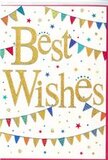 A bright and festive "Best Wishes" card fills the frame, its design suggesting the gentle excitement of a celebration in New Eltham. At the centre, the message "Best Wishes" is written in generous, looping gold script, the letters flowing together with the ease of thoughtful handwriting. The gold has a metallic sheen and appears slightly raised, hinting at foil stamping or fine glitter that would catch ambient light in a soft, luxurious glimmer. This glowing script stands out clearly against the crisp white background, ensuring the sentiment is both visually striking and easy to read. Surrounding the central words, curved lines of bunting sweep across the card from edge to edge, one strand above and another below, creating a loose frame. Each small triangular pennant is painted in a lively palette of colours-deep blues, bright greens, bold reds, warm yellows, and pinks-mirroring the lively feel of seasonal decorations outside homes near Avery Hill. The flags are decorated with simple yet charming patterns: fine stripes, neat dots, and tiny geometric mosaics that give the impression of individually crafted pieces. Sprinkled between and around the bunting, small star shapes and round confetti dots drift in the same bright colours, adding depth and a sense of joyful movement, as if they are gently falling through the air. The spacing of elements leaves pockets of white that keep the design light and uncluttered, so it feels sophisticated as well as fun. This card would make a lovely finishing touch to a congratulatory bouquet delivered around New Eltham, whether for a new home, a promotion, or a special milestone, capturing an atmosphere of warmth, optimism, and heartfelt support.